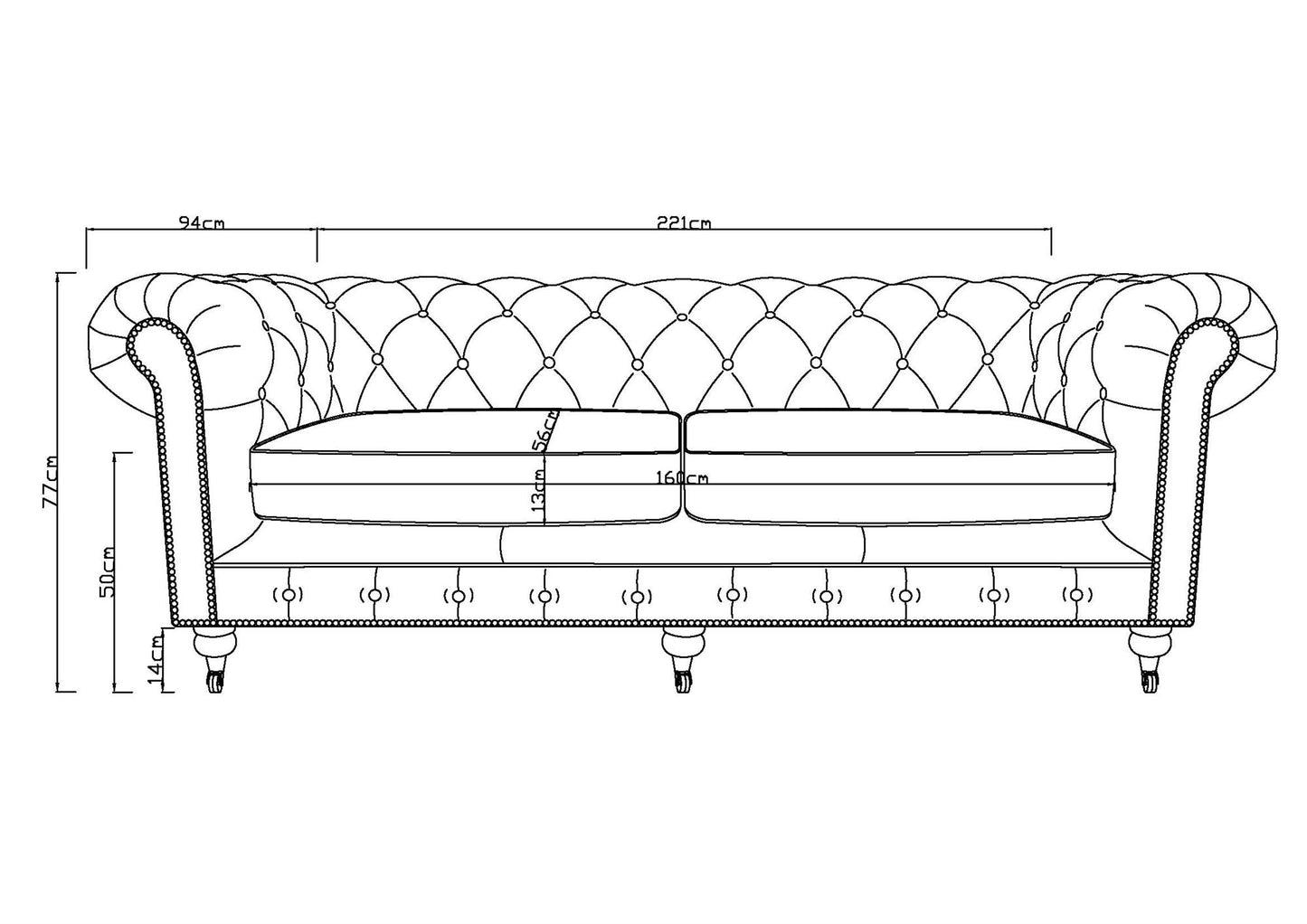 3-Seater Chesterfield Oakland Sofa in Black Leather